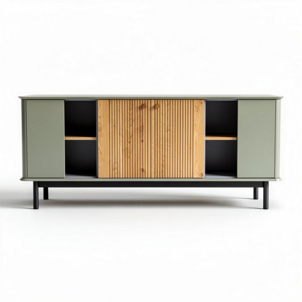 Dressoir van hout en metal in groen met houten schuifdeur 150 x 40 x 60cm