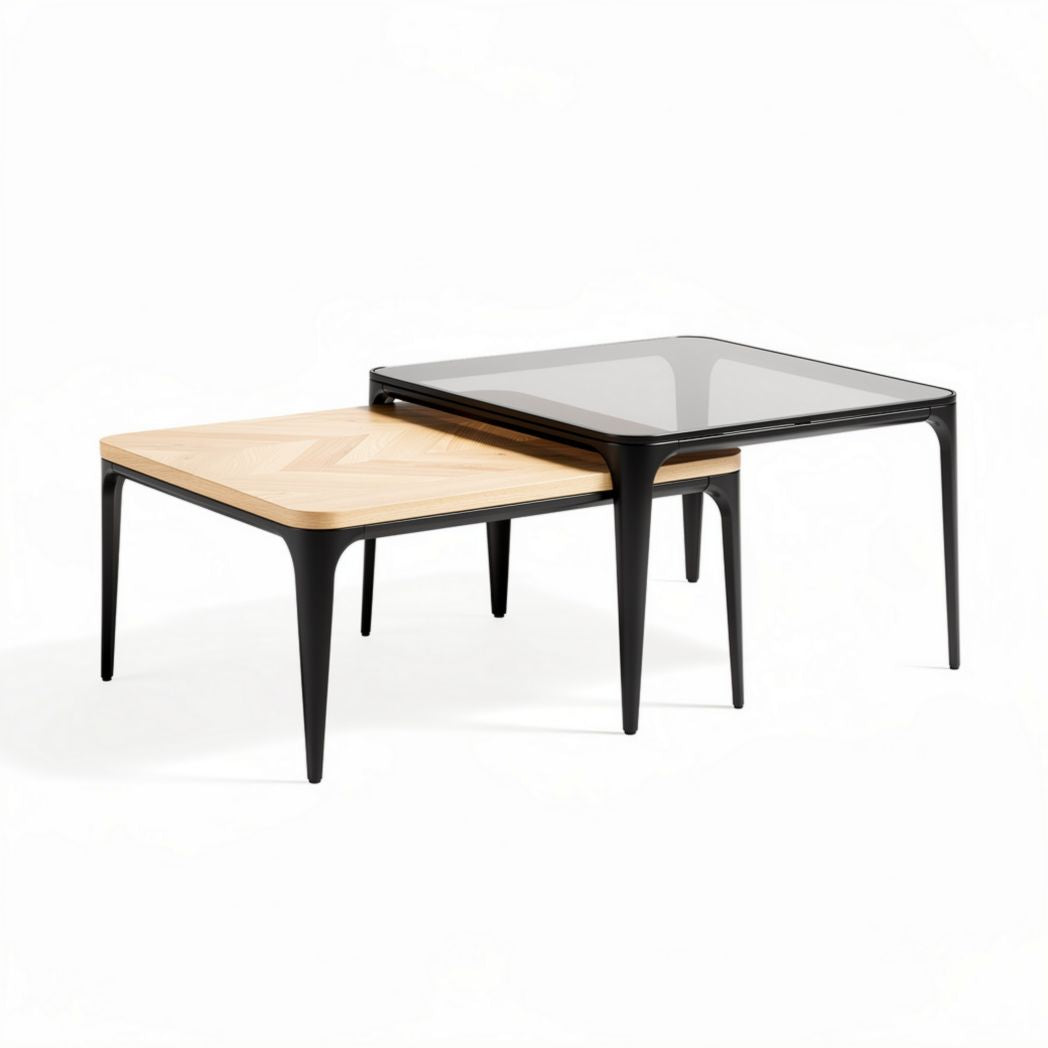 Salontafel set van hout en glas 80 x 80 x 40cm met zwart gepoedercoate poten