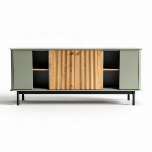 Dressoir van hout en metal in groen met houten schuifdeur 150 x 40 x 60cm