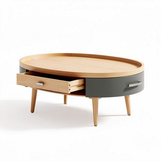 Ronde bijzettafel van hout met lade en zwartkleurige accenten 80 x 80 x 40cm