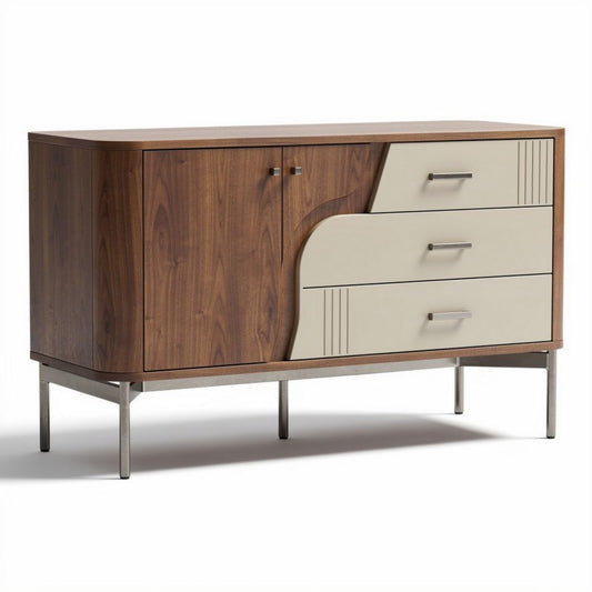 Dressoir van hout met drie lades en deur 120 x 45 x 75cm bruin en beige