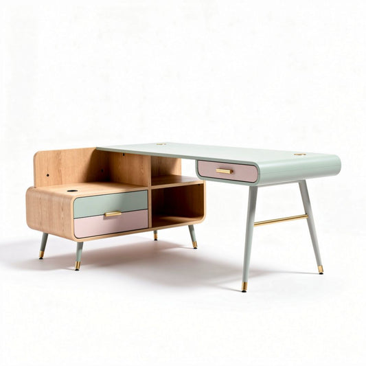 Moderne bureau met opbergvakken van hout en pastelkleuren 150 x 75 x 75cm