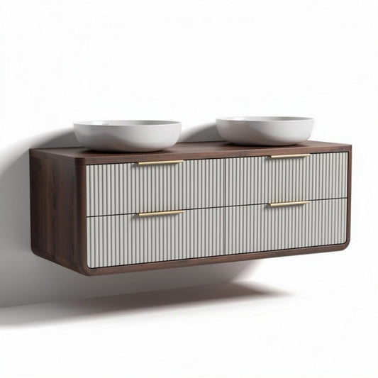 Wandmeubel met twee wastafels van hout en keramiek 80 x 40 x 20cm