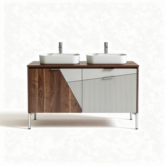 Dubbele wastafel van hout en keramiek 100 x 50 x 85cm met modern ontwerp