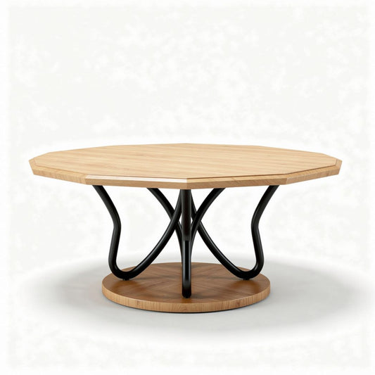 Octagonale houten salontafel met zwart metalen onderstel 80 x 80 x 40cm