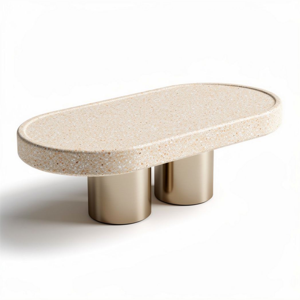 Ovale salontafel van terrazzo met metalen poten 80 x 40 x 30cm