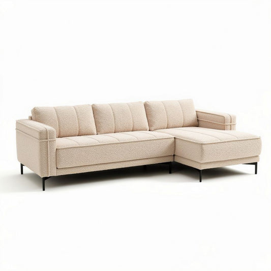 Hoekbank in beige stof met metalen poten afmetingen 200 x 90 x 85cm