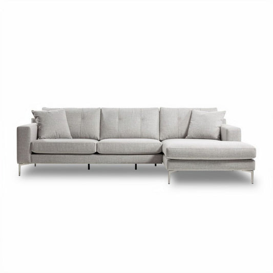 Hoekbank van stof in lichtgrijs met afmetingen 270 x 90 x 85cm